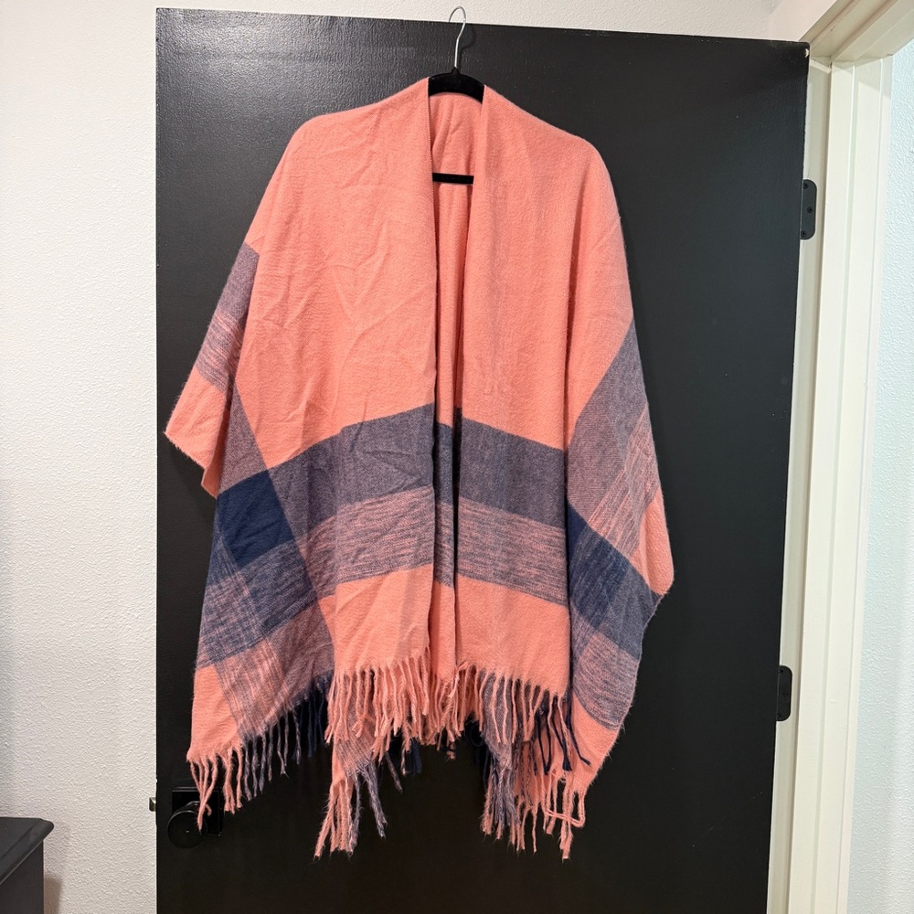 Coral and Navy Striped Shawl with Fringe